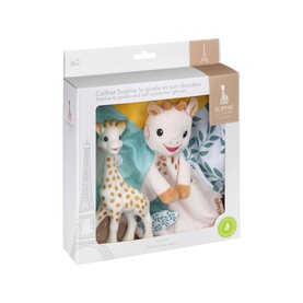 Sophie the Giraffe gift set in multi-coloured packaging, including giraffe soft toy and teether, presented in decorative box