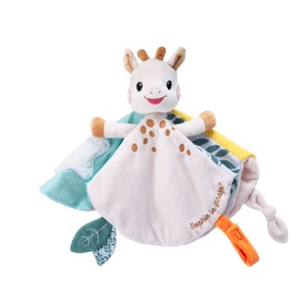 Sophie the Giraffe comforter blanket toy, white with multicolour fabric panels, spotted giraffe face, and knotted corner tags