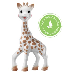 Sophie the Giraffe teething toy in white with brown spots, made from natural rubber, shown upright on white background