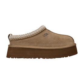UGG Australia women's platform slipper in tan suede with knit trim detail and chunky dark brown ridged sole
