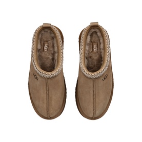 UGG Australia women's slip-on slippers in tan suede with shearling lining, zigzag trim detail and UGG logo, top-down view