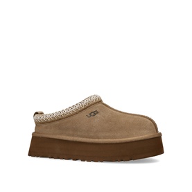 UGG Australia platform clog slipper in tan suede with cream braided trim and chunky dark brown sole