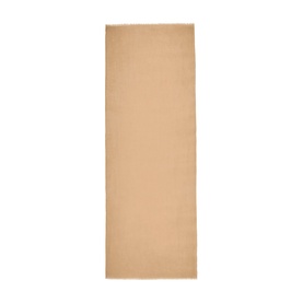 Jigsaw camel scarf, flat lay showing full length with subtle frayed edges and plain woven texture.
