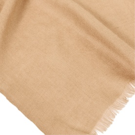 Jigsaw camel woven scarf with fringe edge detail, flat lay showing fine herringbone texture