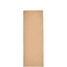 Jigsaw camel scarf, flat lay showing full length with subtle frayed edges and plain woven texture.