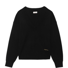 Zadig black crew-neck knit sweater with long sleeves and small gold logo detail at hem