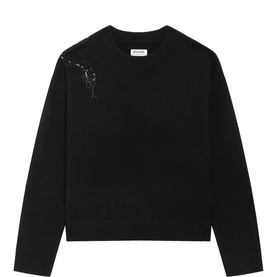 Zadig black crew-neck knit sweater with tonal embroidered floral detail at left shoulder, long sleeves