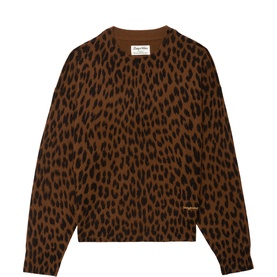 Zadig brown leopard print crew neck knit sweater with black spot pattern and logo script detail at hem