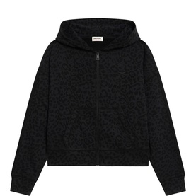 Black zip-up hoodie with tonal leopard print, front kangaroo pocket, ribbed cuffs and hem, and drawstring hood