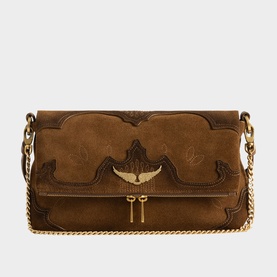 Zadig brown suede clutch bag with gold-tone chain strap, embossed wing motif, and decorative stitched panel detailing