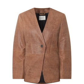 Selected Femme Blazer in Delicioso tan leather, collarless single-button fastening with structured shoulders, no model