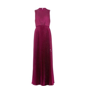 Phase Eight fuchsia sleeveless maxi dress with pleated skirt and high neck, no model
