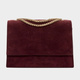 Phase Eight dark red suede shoulder bag with gold chain strap and fold-over flap closure