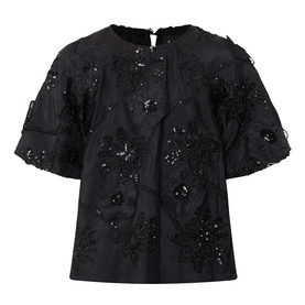 Feeg black short-sleeve top with floral sequin and embroidered lace appliqu&eacute; detail, keyhole back, relaxed fit