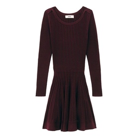 Bash purple ribbed knit long-sleeve mini dress with flared skirt and scoop neckline