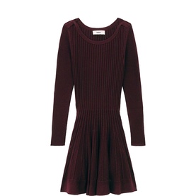 Bash purple ribbed knit long-sleeve mini dress with flared skirt and scoop neckline
