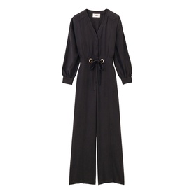 Bash Womens French Dress in grey, V-neckline, long sleeves, wide-leg silhouette with gold-tone eyelet belted waist
