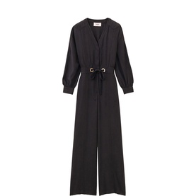Bash Womens French Dress in grey, V-neckline, long sleeves, wide-leg silhouette with gold-tone eyelet belted waist