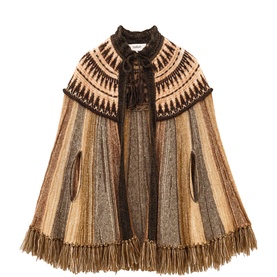 Bash brown fair isle knit cape with fringe hem, tassel tie fastening, and patterned yoke in tan and grey tones