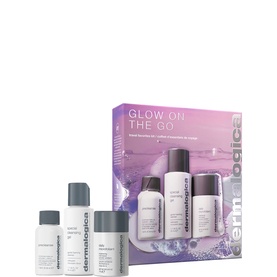 Dermalogica Glow On The Go skincare set with four travel-sized products in grey and white packaging with purple box