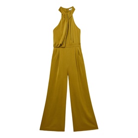 Reiss chartreuse green halterneck wide-leg jumpsuit with crossover neckline detail and pleated wide-leg trousers