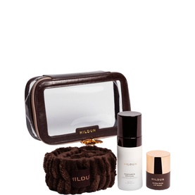 Hildun Beauty Radiance Revival Skincare Gift Set with clear cosmetic bag, fluffy brown headband, serum, and cream jar