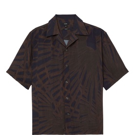 Reiss blue short-sleeve camp collar shirt with tonal tropical leaf print, button-front fastening