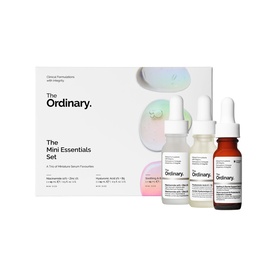 The Ordinary Mini Essentials Set, three miniature serum bottles in branded packaging with pink and red labels