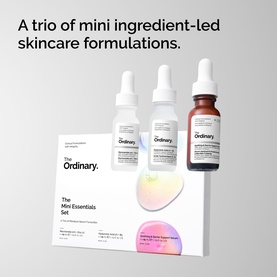 The Ordinary Mini Essentials Set with three dropper bottle serums and branded outer packaging on grey background
