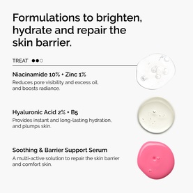 The Ordinary skincare set featuring Niacinamide, Hyaluronic Acid, and Soothing Barrier Serum with formulation texture swatches