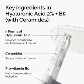 The Ordinary Hyaluronic Acid 2% + B5 with Ceramides skincare serum bottle, highlighting key ingredients including 5 forms of hyaluronic acid.