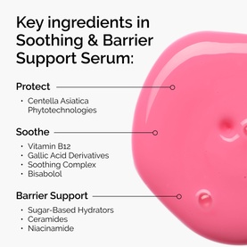 The Ordinary Soothing & Barrier Support Serum key ingredients graphic listing Centella Asiatica, Vitamin B12, Ceramides and Niacinamide