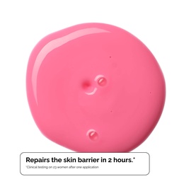 The Ordinary skincare formula swatch in bright pink with text stating it repairs the skin barrier in 2 hours