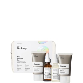 The Ordinary The Renewal Set skincare collection featuring four products in a white zip pouch