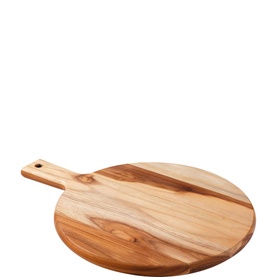 Tramontina round chopping board in natural teak wood with short handle, smooth grain surface and pale golden tone.