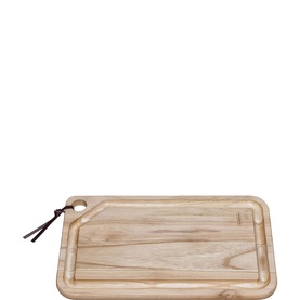 Rectangular light wood chopping board with juice groove, rounded corners, and leather hanging loop