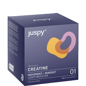 Juspy Booster 01 Creavitalis Creatine Monohydrate 30 Sachets, purple box with yellow and pink interlocking loop graphic