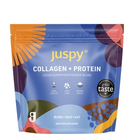 Juspy Collagen + Protein Nutrition Blend Cacao 200g, resealable pouch with colourful abstract design and Great Taste award badge