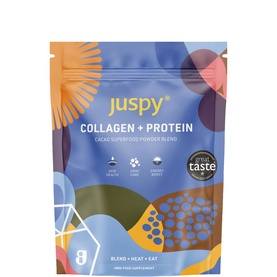 Juspy Collagen + Protein Nutrition Blend Cacao 400g supplement pouch with Great Taste award, in olive green and brown tones.