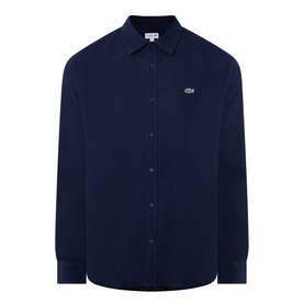 Lacoste navy blue cotton casual shirt with button placket, point collar, long sleeves, and signature crocodile logo on chest