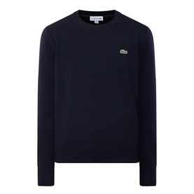 Lacoste crew neck wool jumper in Navy Blue with signature green crocodile logo on chest and ribbed cuffs and hem