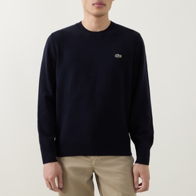 Model wearing Lacoste Navy Blue wool crew neck jumper with signature crocodile logo, styled with beige chinos