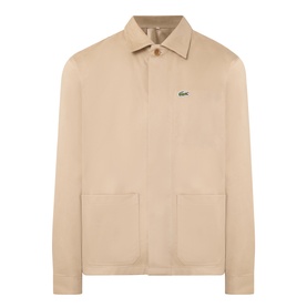 Lacoste Overshirt in Viennese beige cotton, point collar, zip front, twin patch pockets, embroidered croc logo