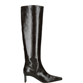 Khaite brown leather knee-high boot with pointed toe and slim kitten heel, side zip fastening, smooth finish