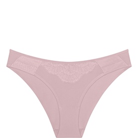 Triumph brief in Sophia pink with delicate floral lace panel at front waistband, smooth fabric, thong cut