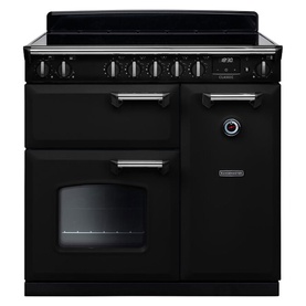 Rangemaster 90cm Induction Range Cooker in black with chrome trim, featuring induction hob, large oven cavity and classic dial controls.