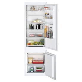 Siemens SDA Built-In Fridge-Freezer in white, shown open with multiple shelves and bottom freezer drawer stocked with food items.