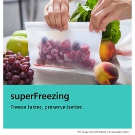Siemens SDA Built-In Fridge-Freezer superFreezing feature shown with frozen berries in a resealable bag surrounded by fresh fruit.