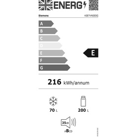 Siemens SDA Built-In Fridge-Freezer energy label, rated E, 216 kWh/annum, 70L freezer and 200L fridge capacity.