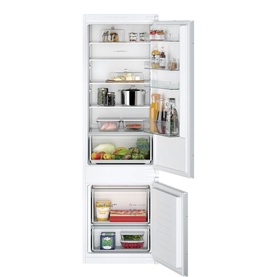 Siemens SDA Built-In Fridge-Freezer in white, shown open with multiple shelves and bottom freezer drawer stocked with food items.